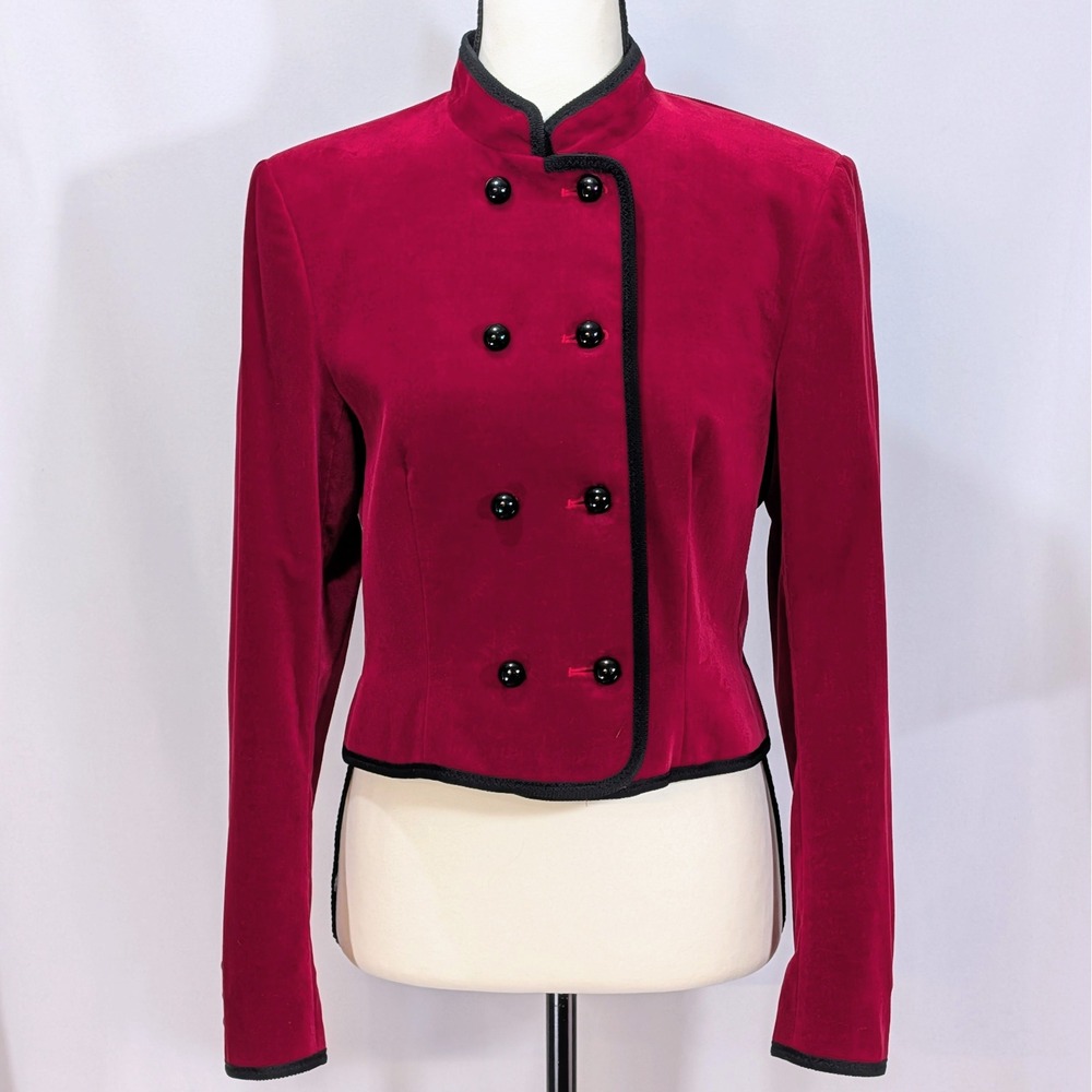 Jaeger Velvet Military Cropped Jacket Burgundy UK 10 Made‎ in Great Britain